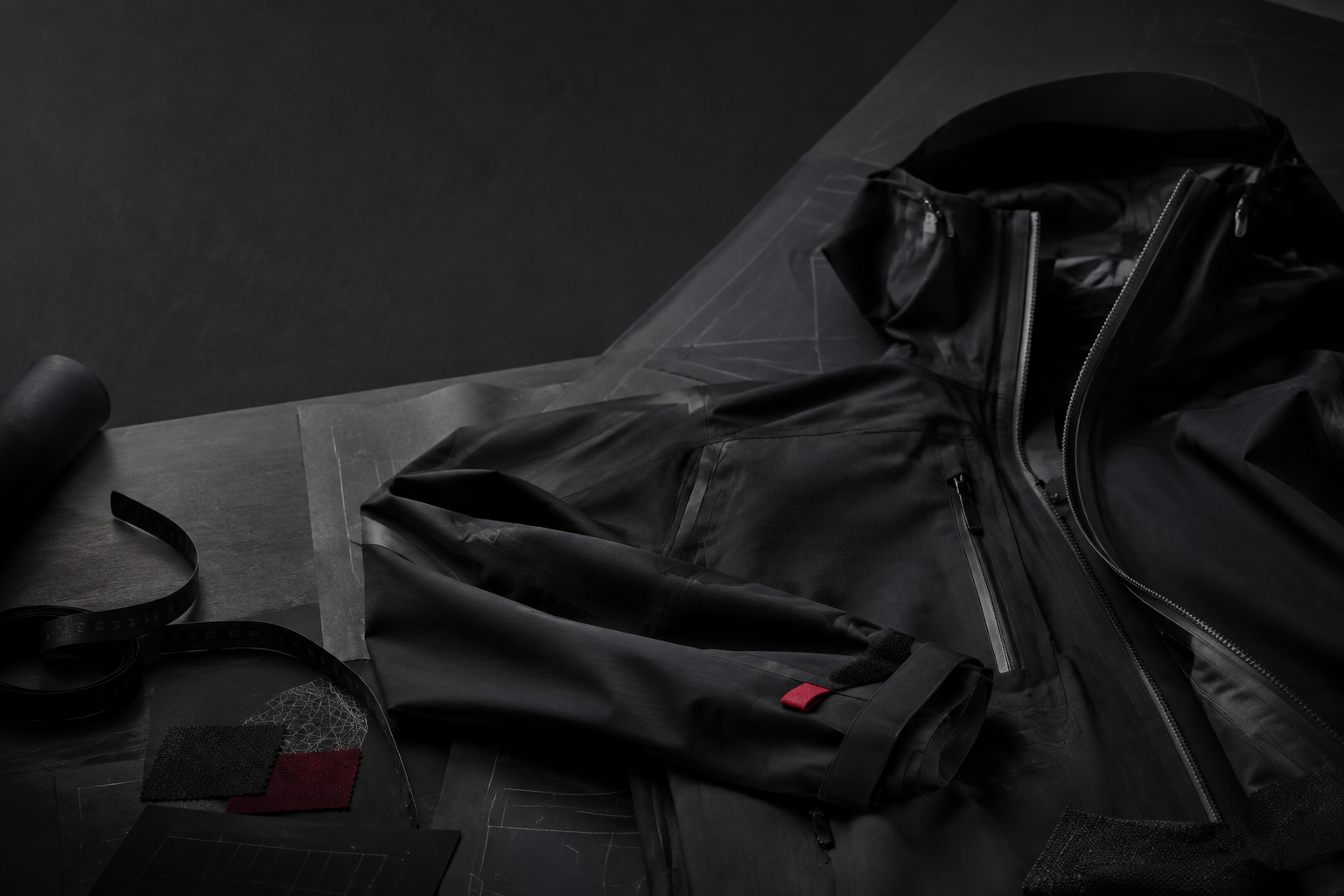 Conceptual illustration of garment development with a black jacket, patterns, and material swatches