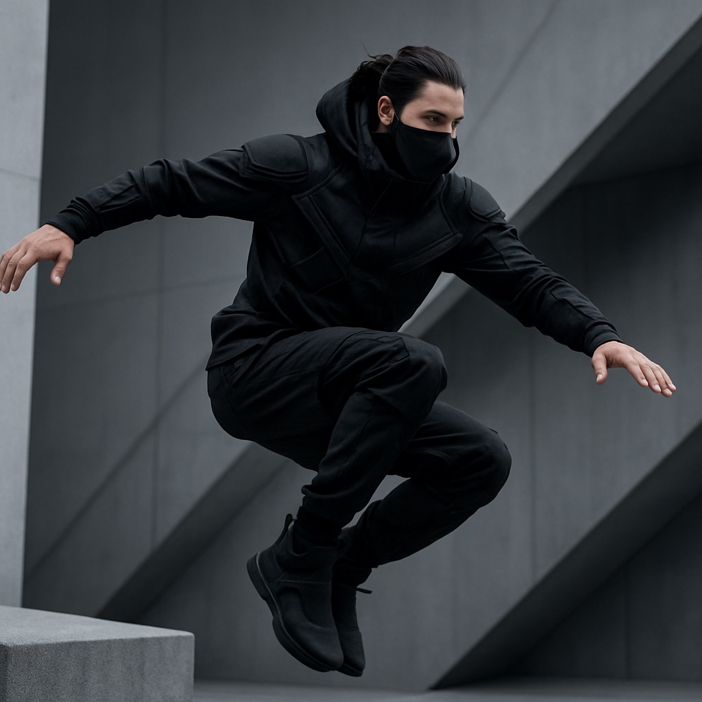 Athlete in black technical apparel jumping between concrete structures