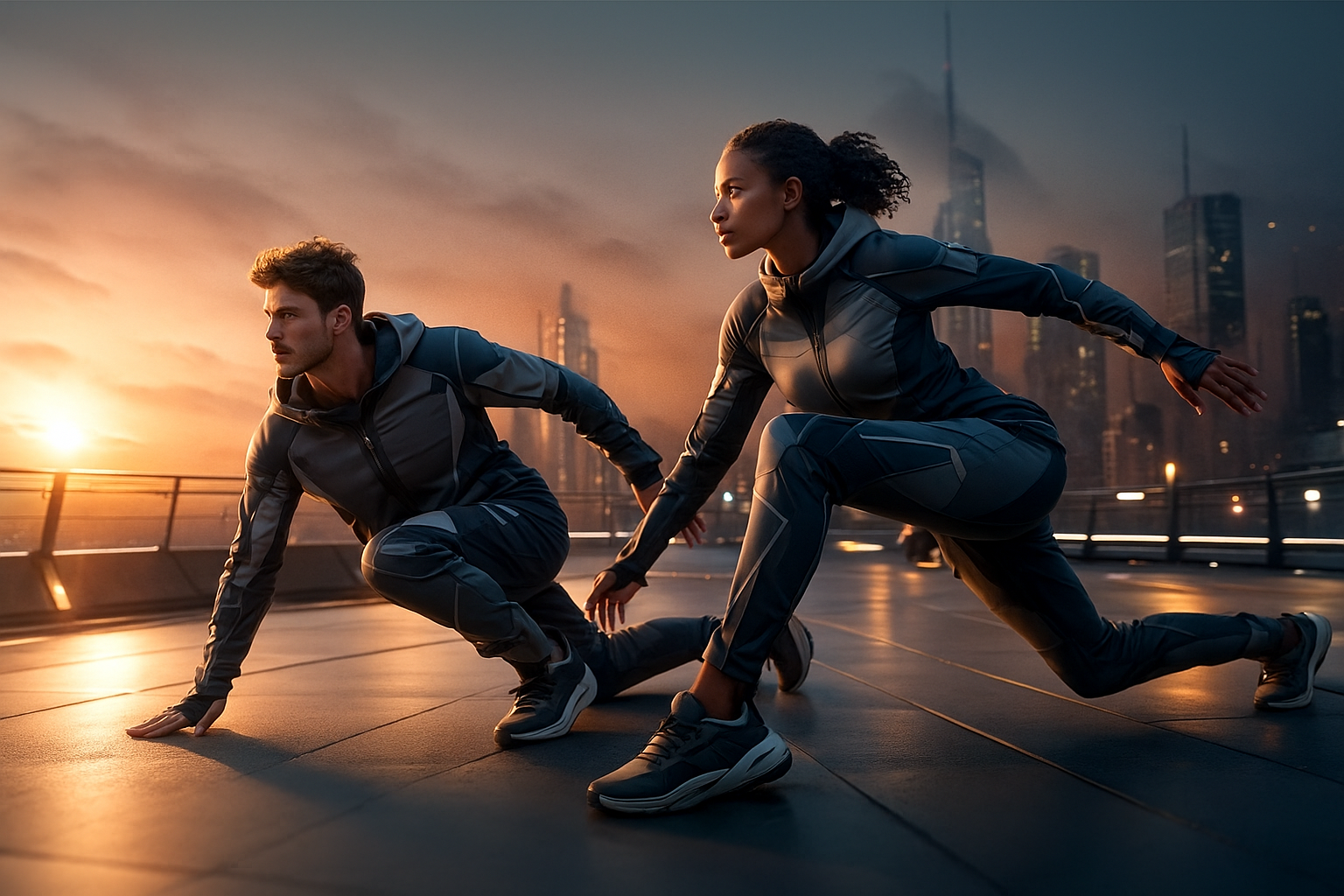 Two athletes in motion on a city rooftop at dusk