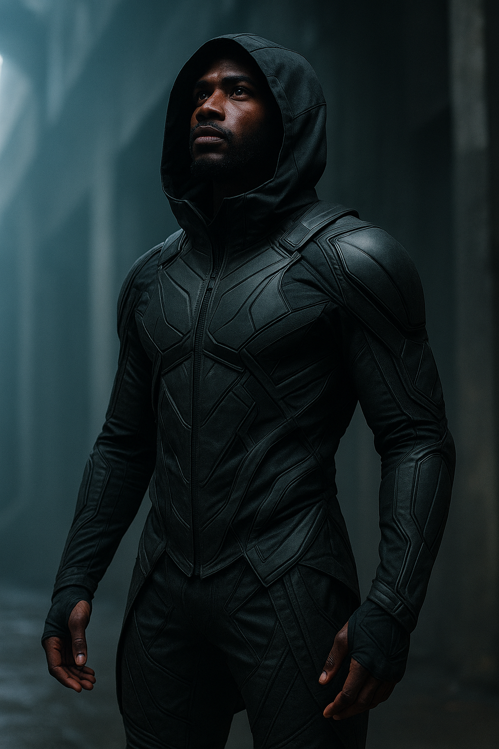 Urban portrait of an athlete wearing a black hooded jacket