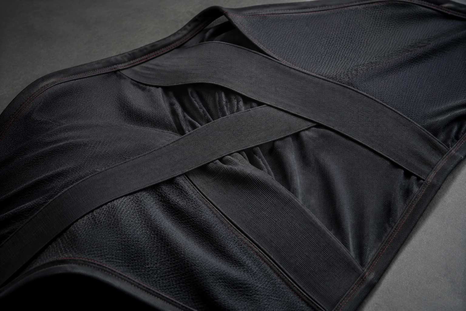 Photorealistic concept study of directional elastic bands integrated into a soft black textile panel