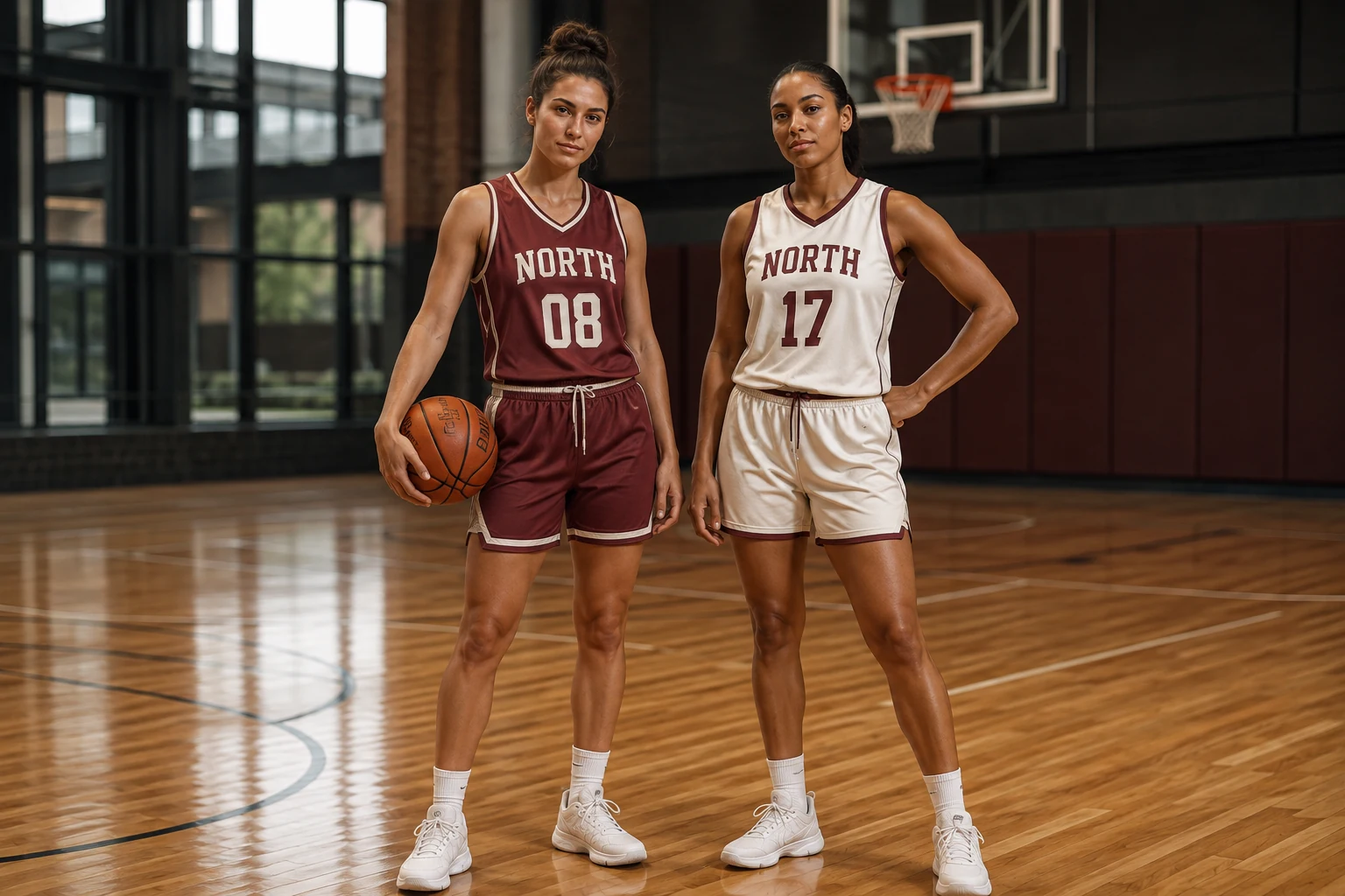 Basketball teammates in coordinated burgundy and off-white custom uniforms on an indoor court