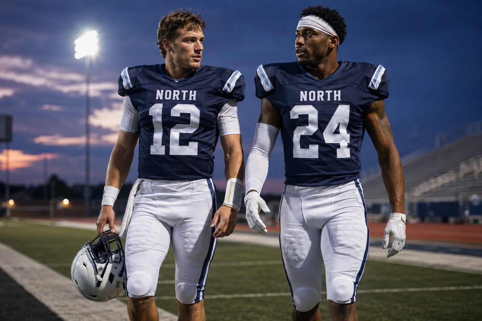 American football teammates wearing coordinated navy and white NORTH uniforms at a stadium