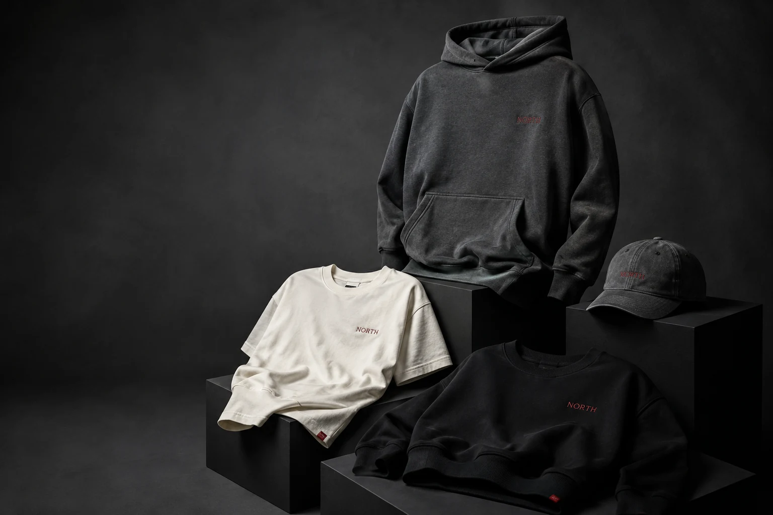 Custom merch design study with a charcoal hoodie, off-white tee, crewneck, and cap in a dark studio