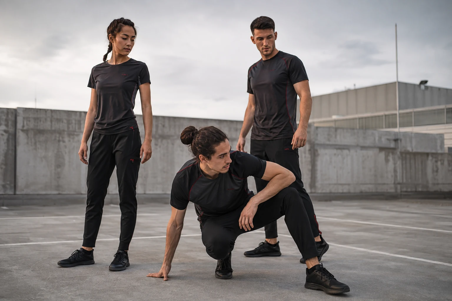 Design study of adult parkour teammates wearing coordinated graphite training apparel on a concrete rooftop