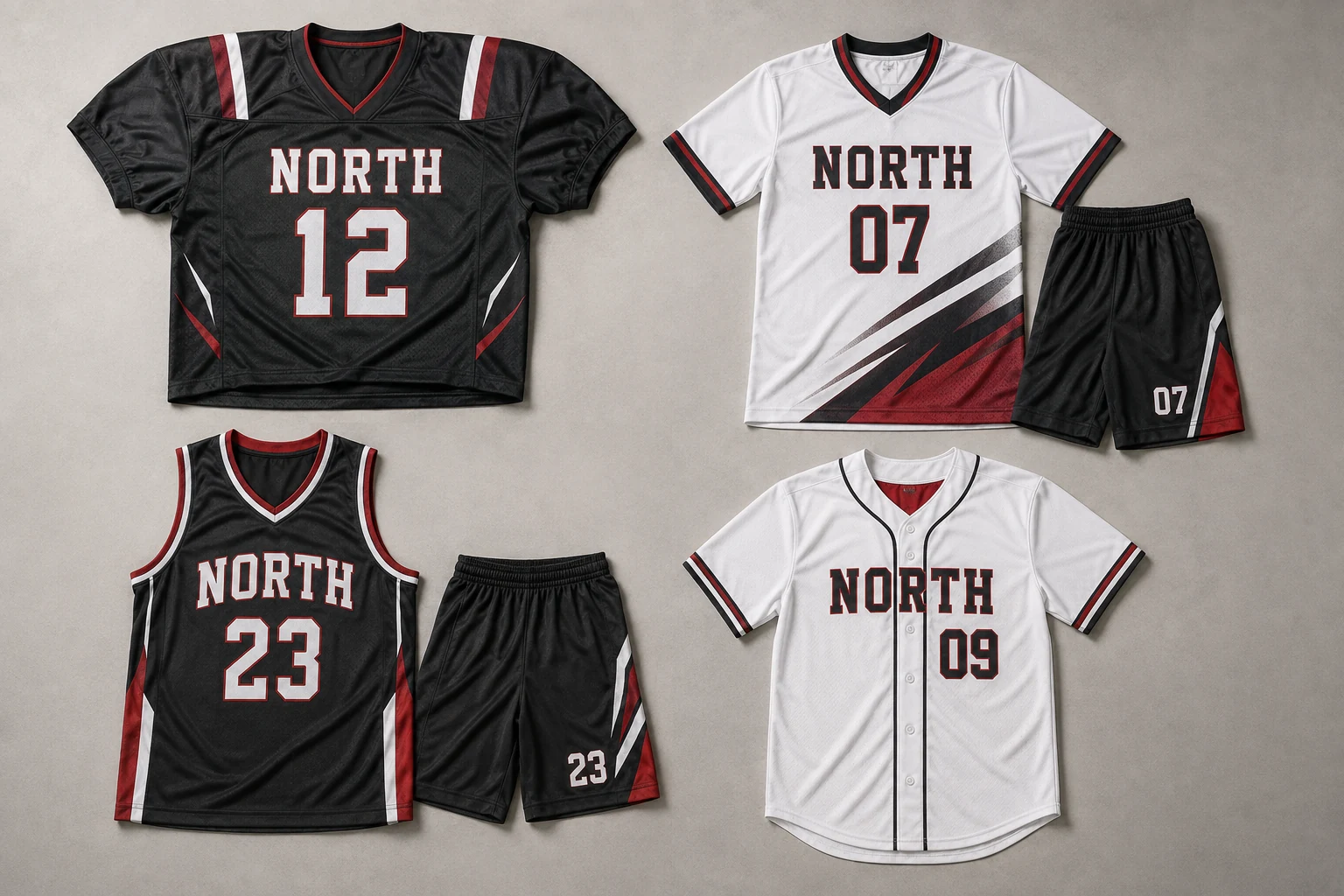 Design studies for American football, soccer, basketball, and baseball team jerseys in graphite, white, and red